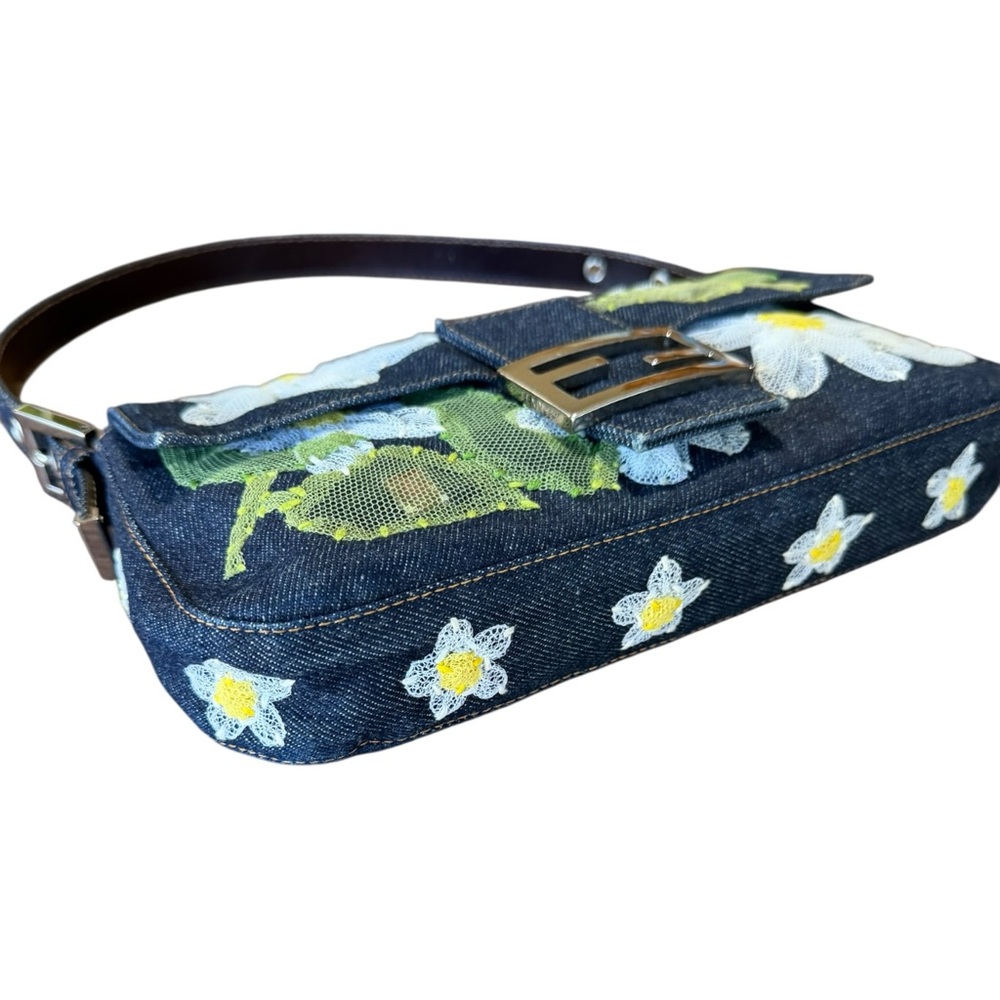 Vintage Fendi Daisy Embroidered Denim Baguette Flower Mesh Appliqué Y2K Bag - Picture 6 of 16
